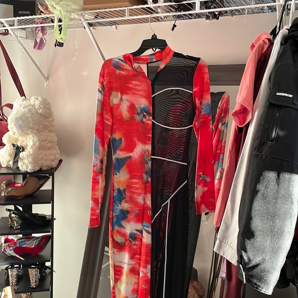 Fashion Nova Red & Blue Tie-Dye Mesh Panel Jumpsuit